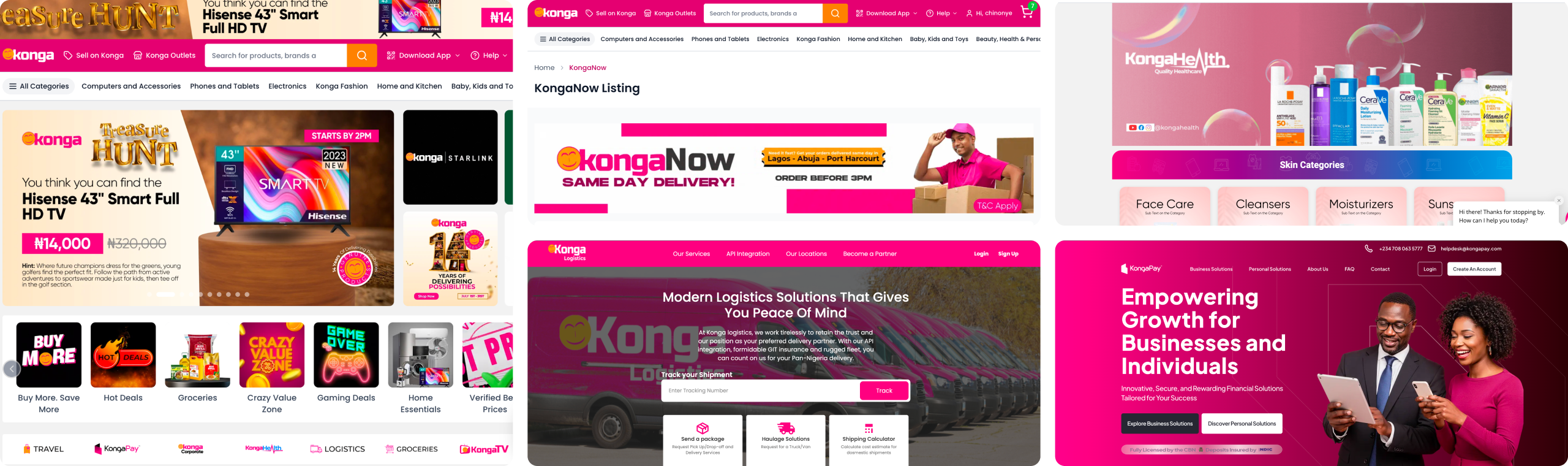 The Konga ecosystem: marketplace, KongaNow, Konga Health, Konga Logistics, and KongaPay